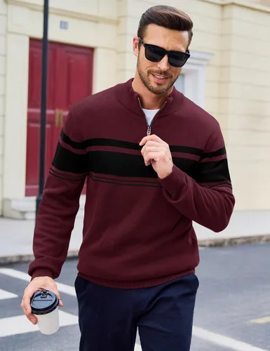 Vista 2 de MAGCOMSEN Suéteres de algodón con cremallera de 1/4 para hombre, suéter tipo polo, a rayas, para otoño e invierno, sudaderas cálidas