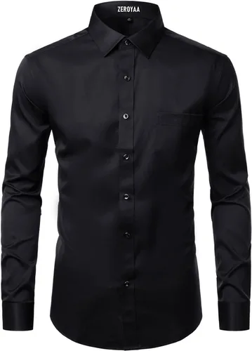 Vista 3 de ZEROYAA Camisas formales de vestir de manga larga con botones y bolsillo para hombre