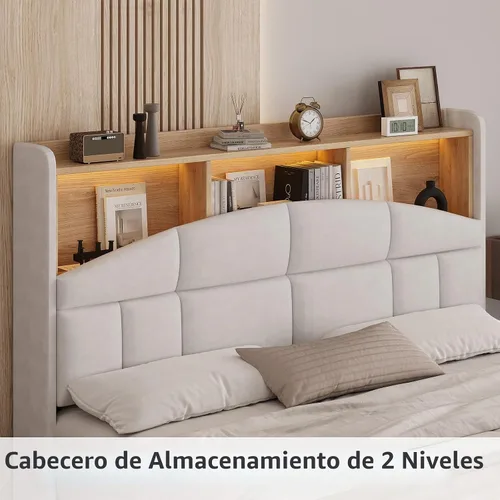 Vista 3 de REVOMINCA Marco de cama de tamaño completo con cabecero, marco de cama tapizado de terciopelo con luces LED, plataforma de tamaño completo