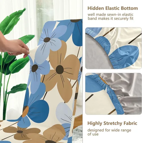 Vista 3 de Blue Brown Retro Flowers Decorative Chair Slipcover for Dining Room Soft Quality Reliable Chair Slipcovers cubre sillas para comedor Set of 4