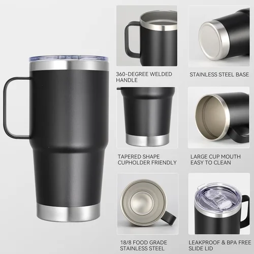 Vista 3 de Vaso térmico de acero inoxidable de 20 oz con asa, envase a granel, vasos termales metálicos aislados, taza de café de viaje con asa, vaso de doble