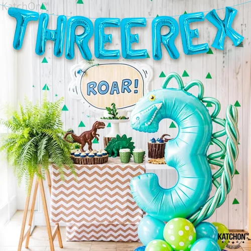 Vista 6 de Globos azules grandes de 16 pulgadas Tres Rex decoraciones de cumpleaños