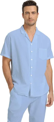 Vista 4 de RPOVIG Conjunto de camisa de lino y pantalones conjuntos de lino de 2 piezas para hombre, camisas de manga corta, pantalones de yoga, trajes