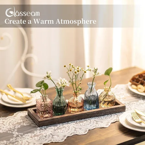 Vista 2 de Glasseam Jarrones de cristal para flor: 5 coloridos jarrones pequeños con bandeja de madera rústica para el hogar, oficina, sala de estar, baño