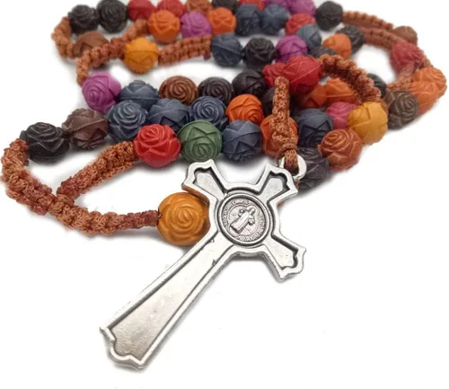 Vista 7 de Cruz de pared de crucifijo, cruz católica hecha a mano con cuentas de rosario, bautismo, oración religiosa, collar de cruz, colgante pectoral