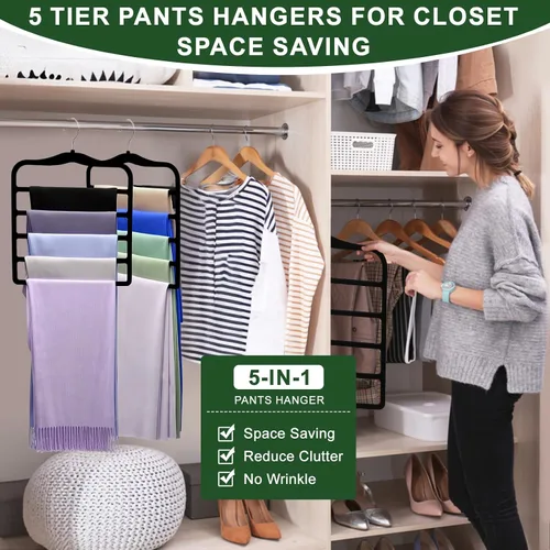 Vista 6 de Organizadores y almacenamiento de armario, paquete de 3 perchas de terciopelo para pantalones, ahorro de espacio, antideslizantes, organizador de 5
