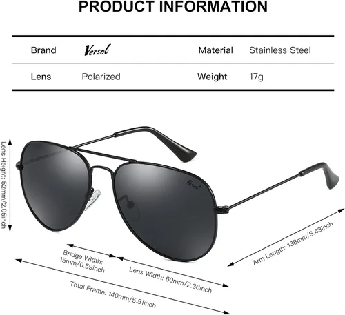 Vista 3 de Versol Aviador para hombres y mujeres con protección UV400, lentes de sol polarizados ligeros de aviador