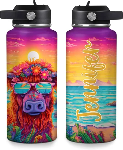 Vista 10 de Hyturtle Botella de agua personalizada de vaca Highland, botella de acero inoxidable aislada con tapa a prueba de fugas, 18 onzas, 32 onzas, regalo