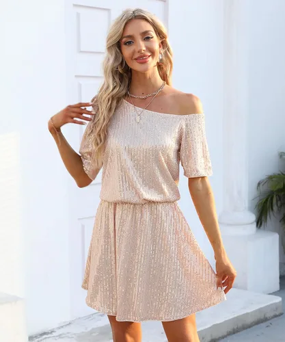 Vista 3 de Minivestido de lentejuelas con un hombro descubierto y manga corta con lazo brillante para mujer, adecuado para cócteles y fiestas de vacaciones