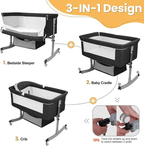 Vista 6 de Cuna de bebé 3 en 1 con almacenamiento - Cuna de noche ajustable en Negro