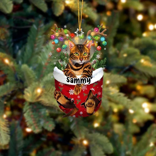 Vista 31 de Adorno personalizado de gato de rizo americano, adorno personalizado con nombre de mascota, colgante acrílico plano impreso en 2D, Papá Noel y gato