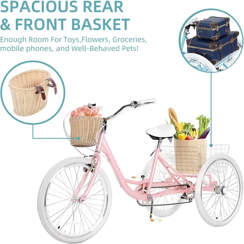 Vista 3 de Triciclos para adultos para adultos, triciclos para adultos de 7 velocidades, bicicleta de 3 ruedas de 20/24/26 pulgadas con canasta, bicicletas