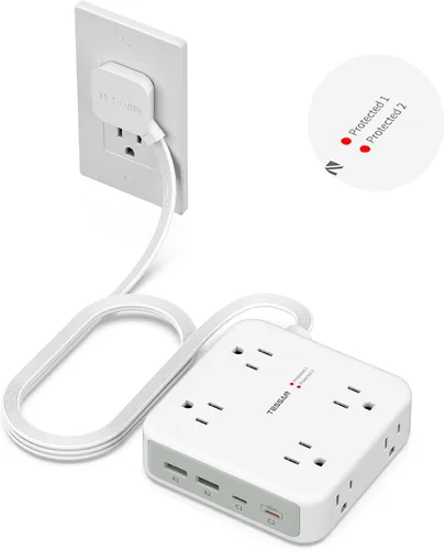 Vista 11 de TESSAN Regleta de alimentación con doble protector de sobretensiones, cable de extensión de 5 pies, enchufe de pared plana con 4 USB (2 USB C) 8
