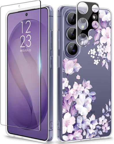 Vista 70 de GVIEWIN Funda protectora para Samsung Galaxy S25, transparente floral, delgada, a prueba de golpes, para mujer, no se pone amarilla, con protector