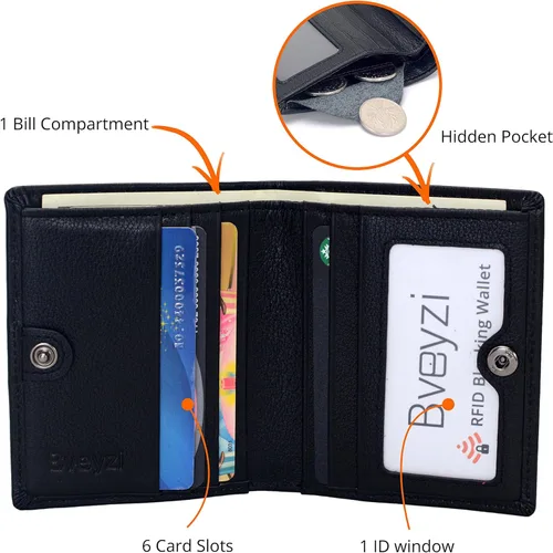 Vista 4 de Bveyzi Cartera ultra delgada RFID para mujer, cartera de cuero pequeña y delgada con bolsillo doble para damas