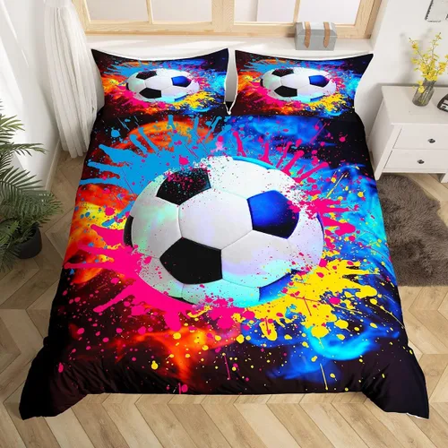 Vista 7 de Feelyou Juego de ropa de cama de fútbol, funda de edredón marrón para niños y niñas, juego de pelota de fútbol, juego de competición deportiva