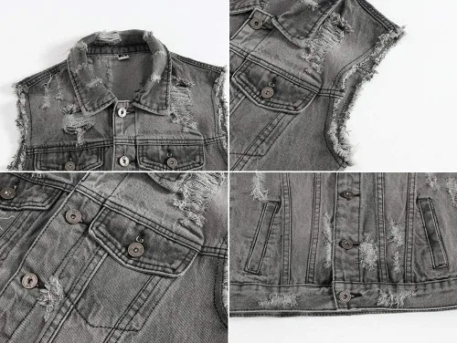 Vista 3 de Chaleco de mezclilla rasgado, sin mangas, para hombre, casual, ajustado, con botones