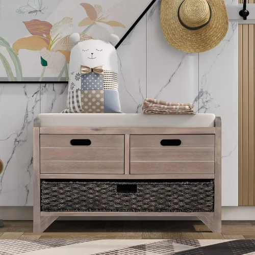 Vista 9 de Merax Banco de zapatos de madera de granja con almacenamiento y cojín de asiento para entrada, pasillo, puerta delantera, espresso
