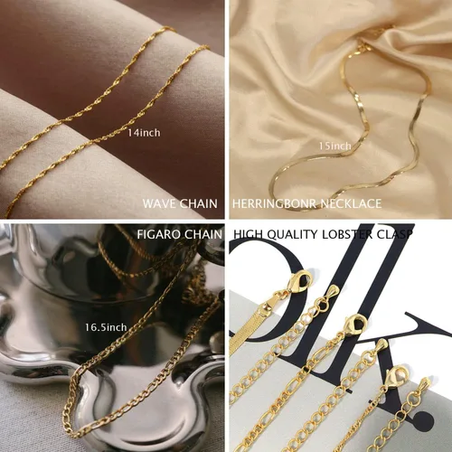 Vista 6 de NECOCY Collar de espiga para mujer, chapado en oro de 14 quilates, collares de oro en capas, delicado collar de espiga de oro grueso, delgado