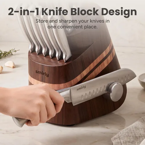 Vista 5 de SMIRLY Juego de cuchillos de 14 piezas con bloque para cocina, juego de Marrón oscuro
