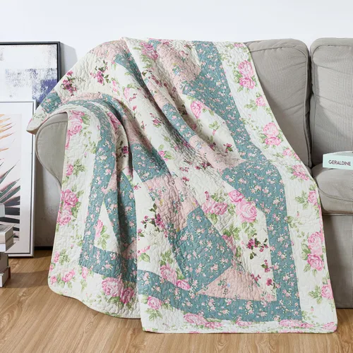 Vista 7 de Chezmoi Collection Delaney - Manta reversible acolchada de 100 % algodón prelavado, diseño floral