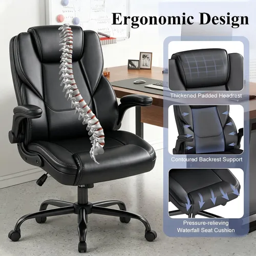 Vista 4 de AnyGod Executive Office Chair, Comfy Computer Chair with Flip-Up Armrests Adjustable Lumbar Support, PU Leather, Swivel Task Chair, Home Office