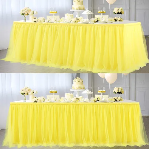 Vista 29 de Suppromo Pack de 2 faldas de mesa de tul azul de 6 pies para mesas rectangulares o redondas, mantel de tul azul para baby shower, cumpleaños