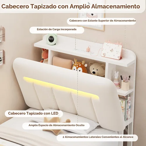 Vista 3 de Jocoevol Base de cama individual con cabecera de almacenamiento para niños, marco de cama tapizado blanco tamaño individual con cajones de Beige