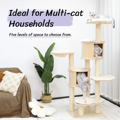Vista 5 de KAMABOKO Árbol para gatos de 67 pulgadas de alto, árbol extragrande para gatos, torre masticable de madera de 8 niveles con condominio para gatos