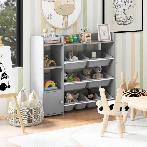 Vista 2 de GLACER Organizador de almacenamiento de juguetes para niños, estante de juguetes de 4 niveles con 8 contenedores de almacenamiento de plástico y Gris