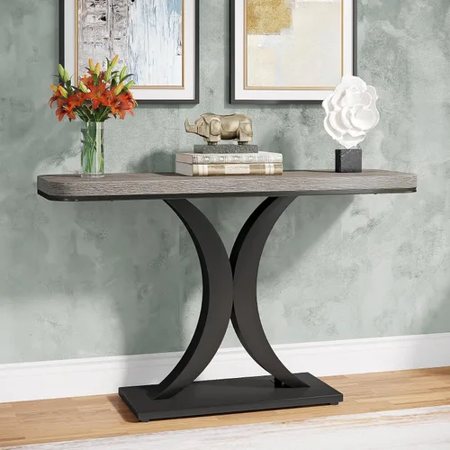 Vista 9 de Tribesigns Mesa consola industrial, mesa de entrada estrecha de 40 pulgadas con base geométrica, mesa decorativa rústica para sala de estar, entrada