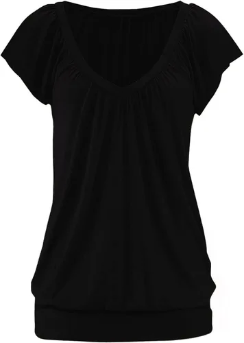 Vista 6 de Veatzaer Camisetas de manga casquillo para mujer, con cuello en V, estilo casual, con bandas, ajuste holgado, básicas