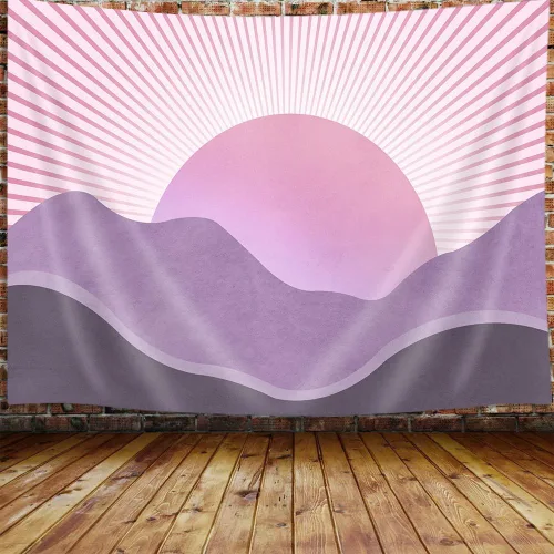 Vista 7 de JAWO Tapiz Bohemio Azul, Tapiz de Naturaleza con Montaña Abstracta y Sol Dorado para Colgar en la Pared para Dormitorio, Tapices de Paisaje