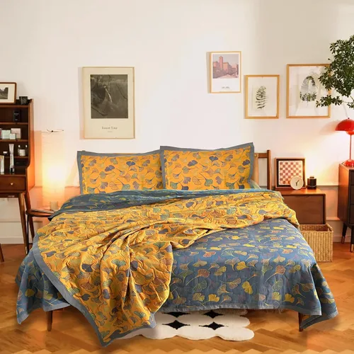 Vista 5 de Ginkgo - Juego de ropa de cama tamaño King, reversible, suave, juego de edredón con fundas de almohada, juego de colcha de algodón ligero para todas