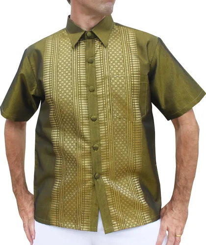 Vista 5 de RaanPahMuang Camisa formal de seda de manga corta con costura tejida del norte de Tailandia Violeta oscuro