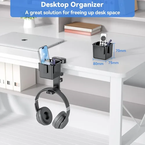 Vista 6 de KDD 5 in 1 Desk Controller Holder - Rotating Headphone Hanger with Cup Holder - Clamp On Desk Organizer Holds Controller, Headphone, Cup, Mobile