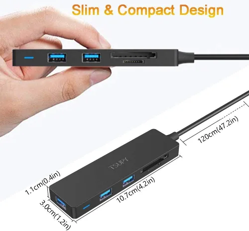 Vista 7 de TSUPY Hub 3.0 Splitter, TSUPY USB 3.0 Hub Multi USB adaptador expansor de puerto con cable de 4 pies, lector de tarjetas SD/TF y 3 puertos USB 3.0