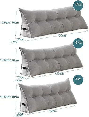 Vista 2 de Almohada triangular de lectura para reposo en cama, cojín grande para cabecero, respaldo largo, almohada de cuña con funda extraíble y dos bolsillos
