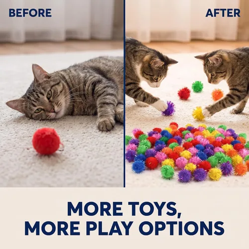 Vista 6 de 100 bolas de oropel con purpurina colorida y bolas de pompones para gatos, para ejercicios de gatitos y múltiples gatos para jugar y perseguir