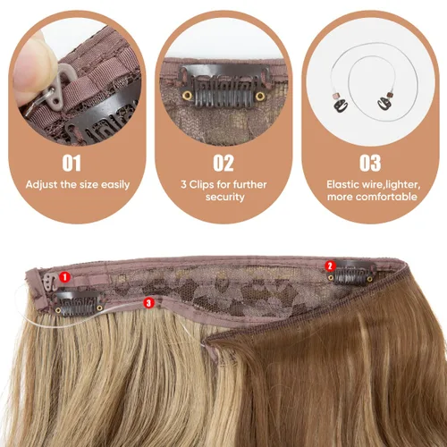 Vista 5 de Extensiones de cabello de alambre transparente invisible con 3 clips seguros, diadema ajustable, tamaño ondulado, rizado, largo, sintético