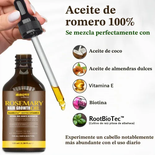 Vista 2 de Aceite de romero para el crecimiento del cabello (3.4 onzas líquidas) infundido con biotina, vitamina E, aceite de almendras y coco, fortalece
