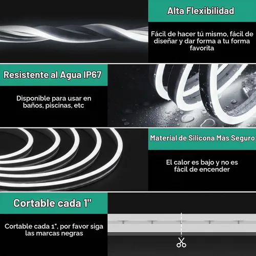 Vista 3 de Luces de cuerda LED de neón de 32.8 pies, 6000 K, color blanco, regulable, luces LED de cuerda 24 V, flexible, cortable, IP67, impermeable