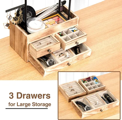 Vista 5 de Lavievert Torre organizadora de joyas con cajón de madera de doble capa caja de almacenamiento de 7 niveles soporte para joyas para collares