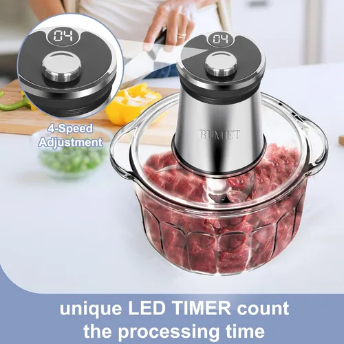 Vista 3 de BUMET Cuenco de vidrio de 16 tazas 850 W procesador eléctrico de alimentos, temporizador LED. Cuchilla de 6 filos de corte de 3 niveles para picar
