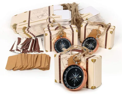 Vista 2 de 50 piezas de brújula colgante de boda para invitados, brújula regalo de recuerdo con etiquetas de papel kraft y caja para viajes, bodas, fiestas