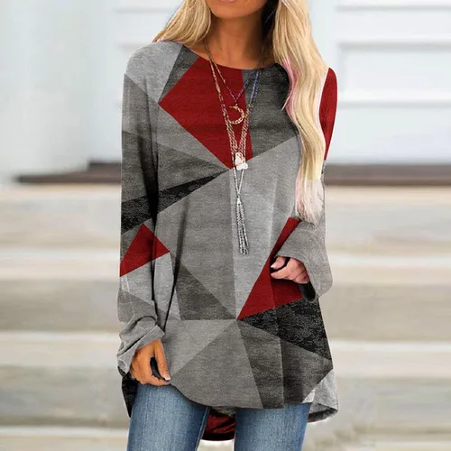Vista 2 de Camisetas de manga larga para mujer, estilo casual, con bloques de color, cuello redondo, holgadas, cómodas, holgadas, blusas largas