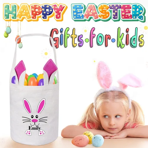 Vista 4 de Paquete de 2 cestas de Pascua personalizadas para niños, cestas de Pascua Touber para niños, cestas de Pascua personalizadas con nombre, regalos