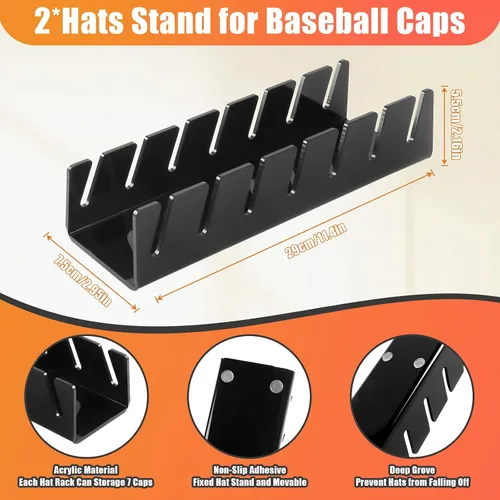 Vista 7 de Soporte para sombreros de béisbol, paquete de 2 sin instalación, organizador de sombreros acrílico para 14 gorras de béisbol, organizador
