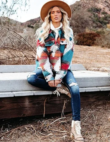 Vista 5 de VIEWON Chaqueta de manga larga con estampado azteca para mujer estilo occidental con botones ligera casual con solapa