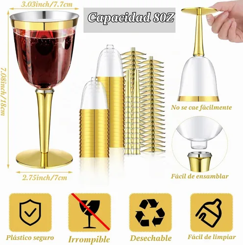 Vista 2 de Paquete de 100 copas de vino de plástico desechables con borde a granel de 8 onzas, elegantes copas de vino con tallo largo, copas de vino Dorado